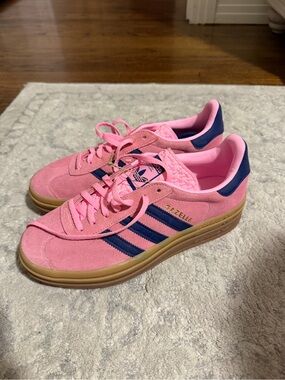 adidas Gazelle Pink Suede Sneakers with Navy Stripes
